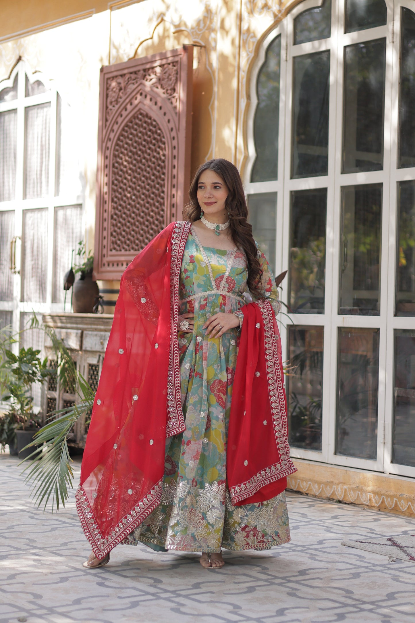 Lime Green Color Alia Cut Embroidered Gown With Dupatta