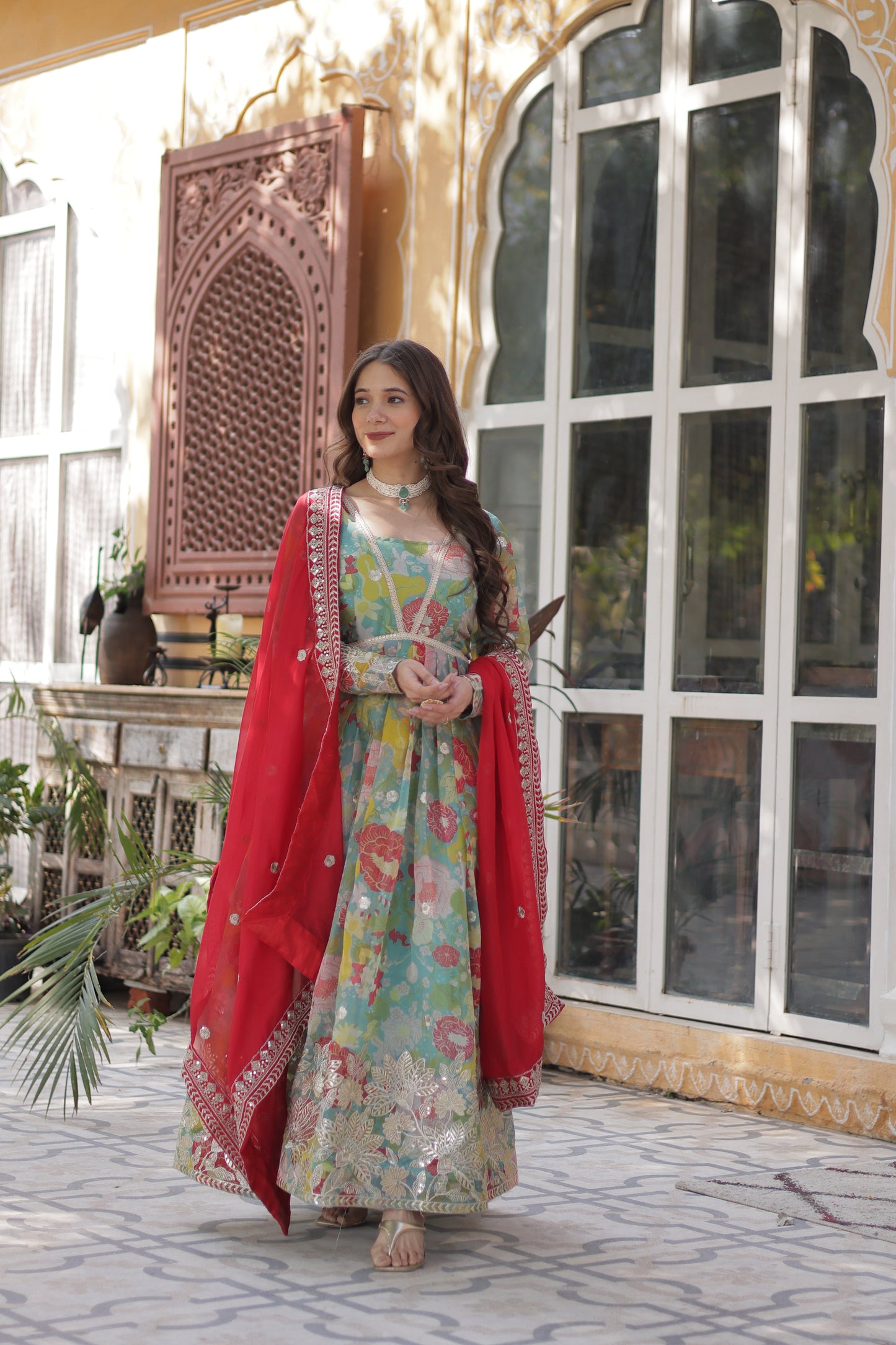 Lime Green Color Alia Cut Embroidered Gown With Dupatta