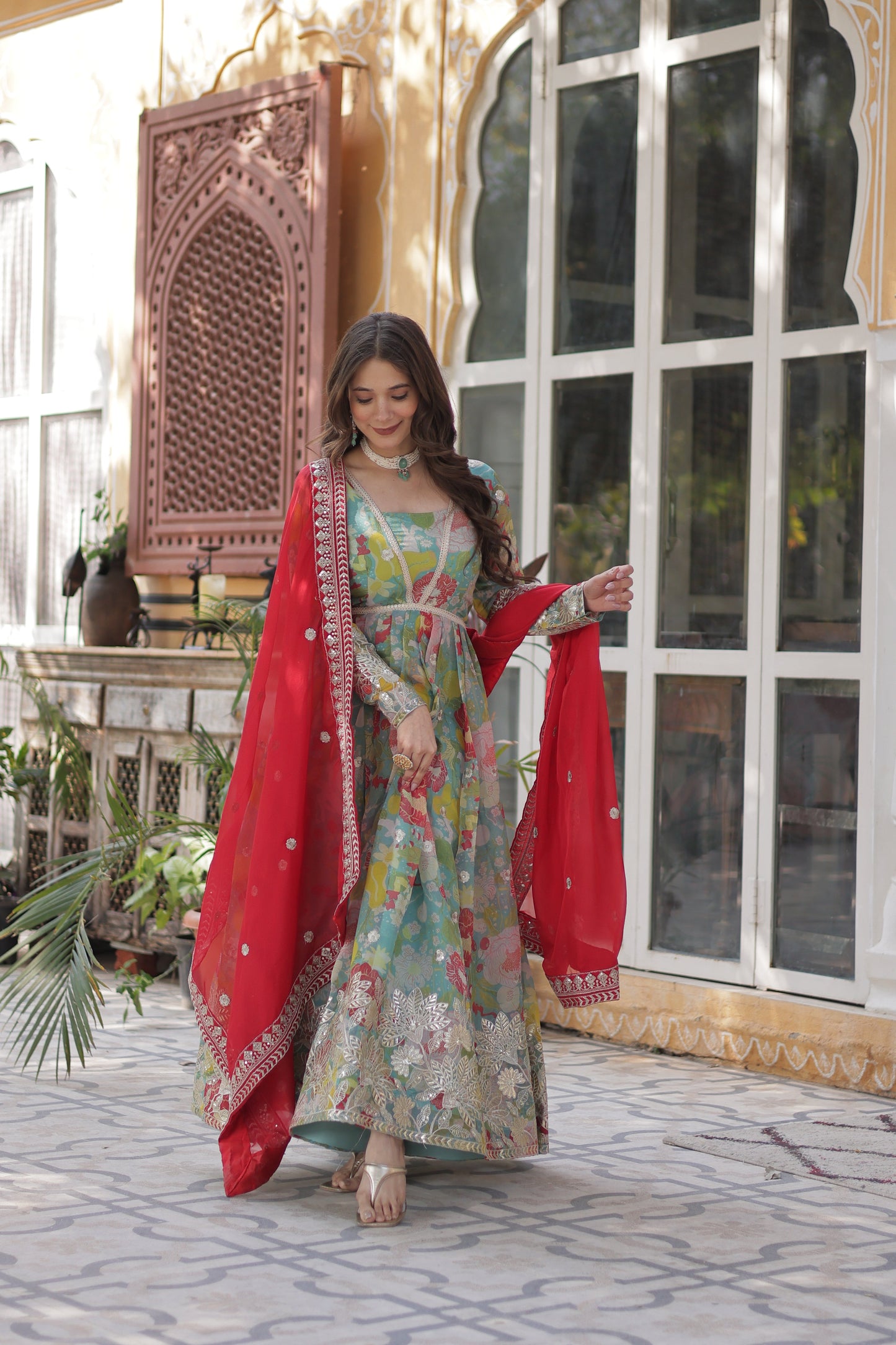 Lime Green Color Alia Cut Embroidered Gown With Dupatta