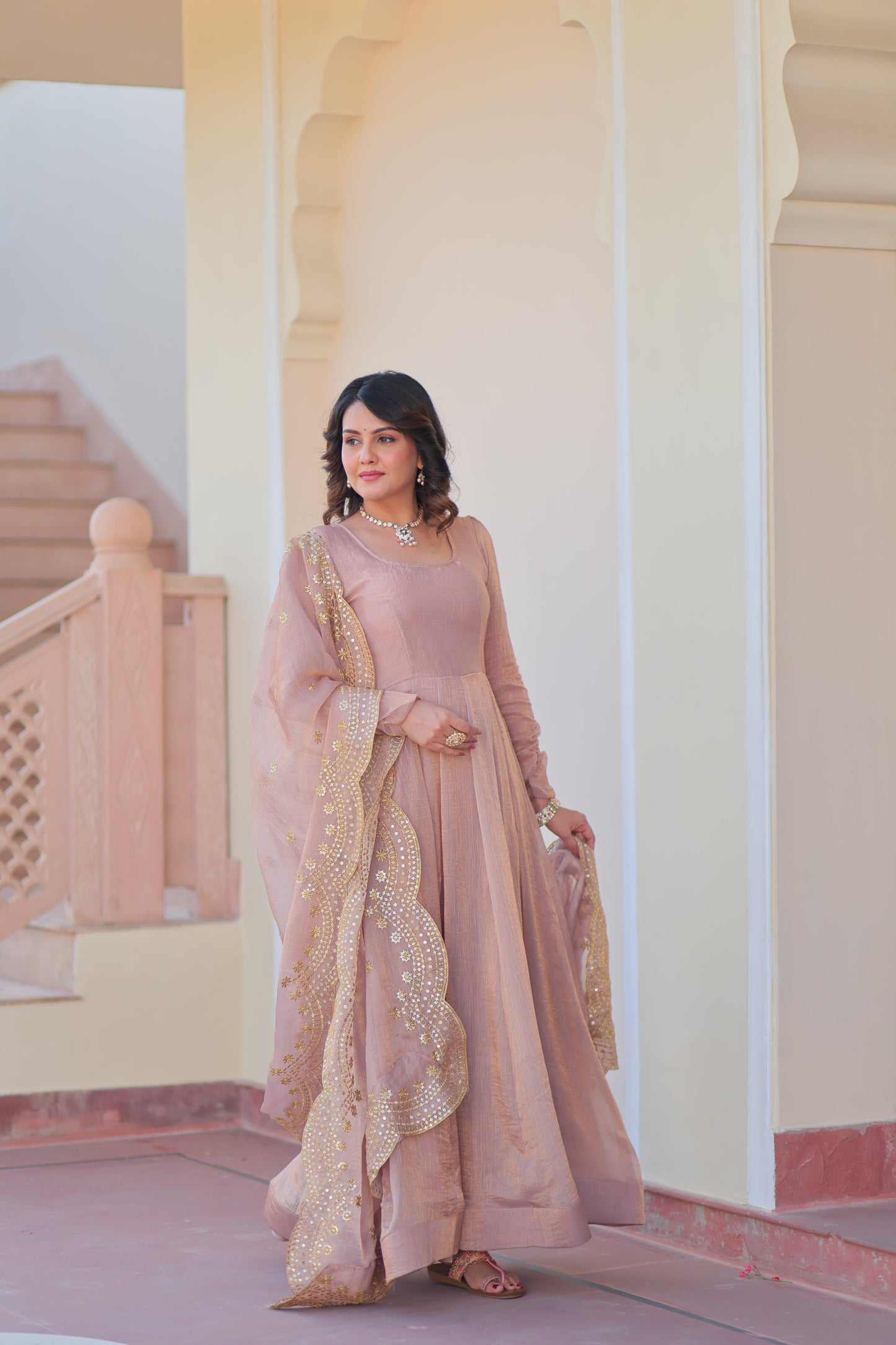 Varnika Fendy Chiffon gown with Sequins-Multi Embroidered Work Dupatta