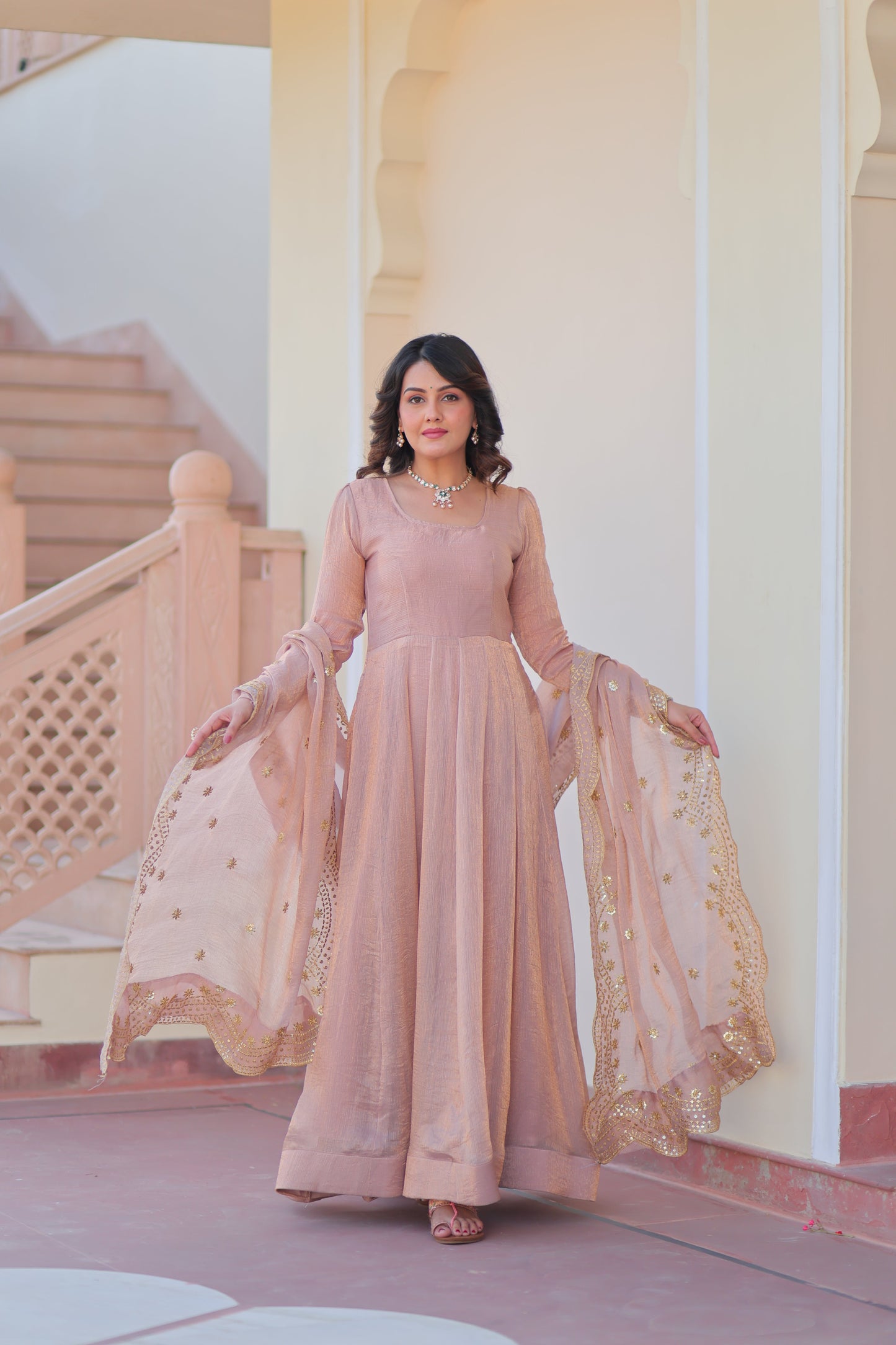 Varnika Fendy Chiffon gown with Sequins-Multi Embroidered Work Dupatta