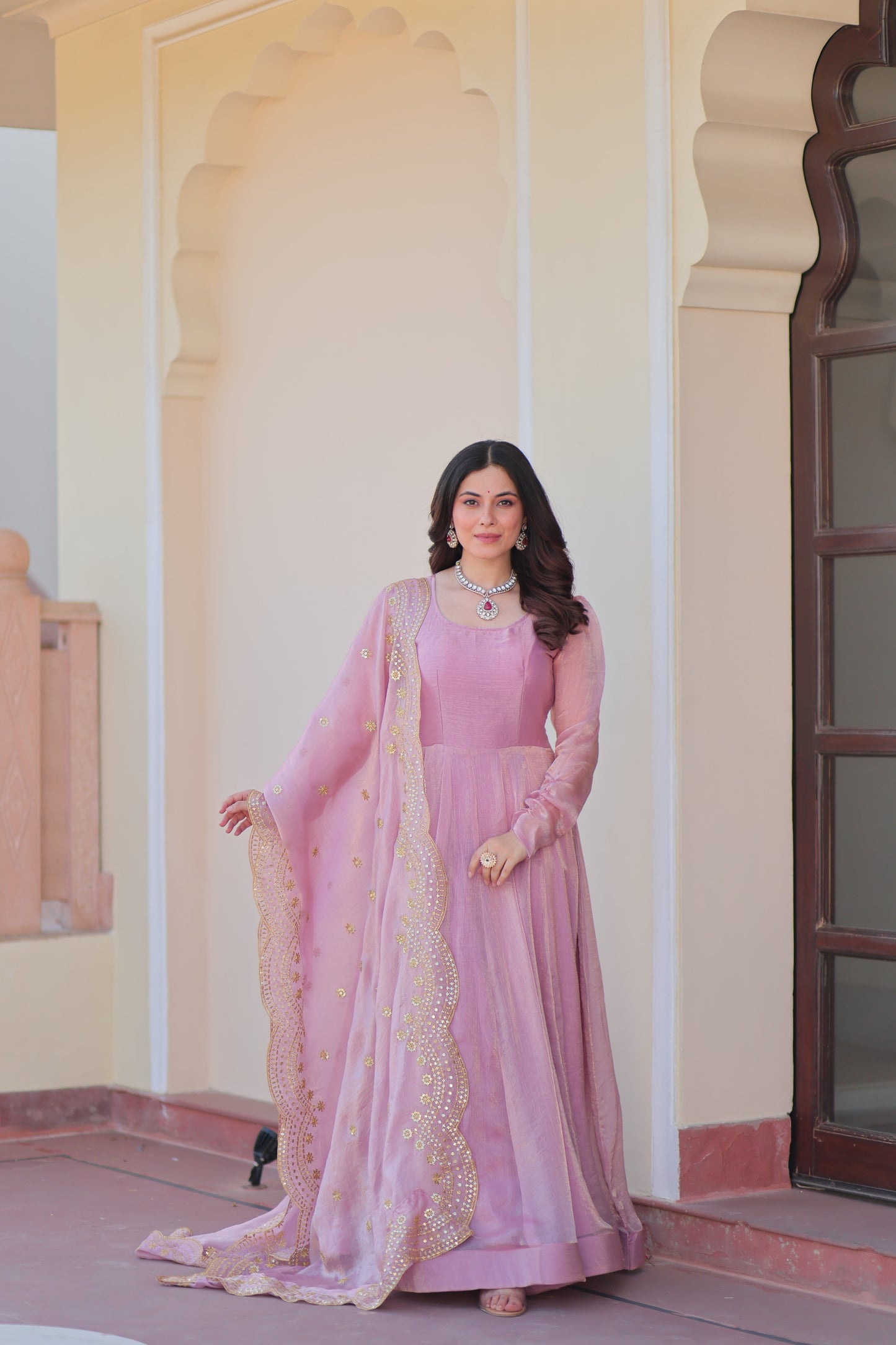 Pink Chiffon Long Gown With Dupatta