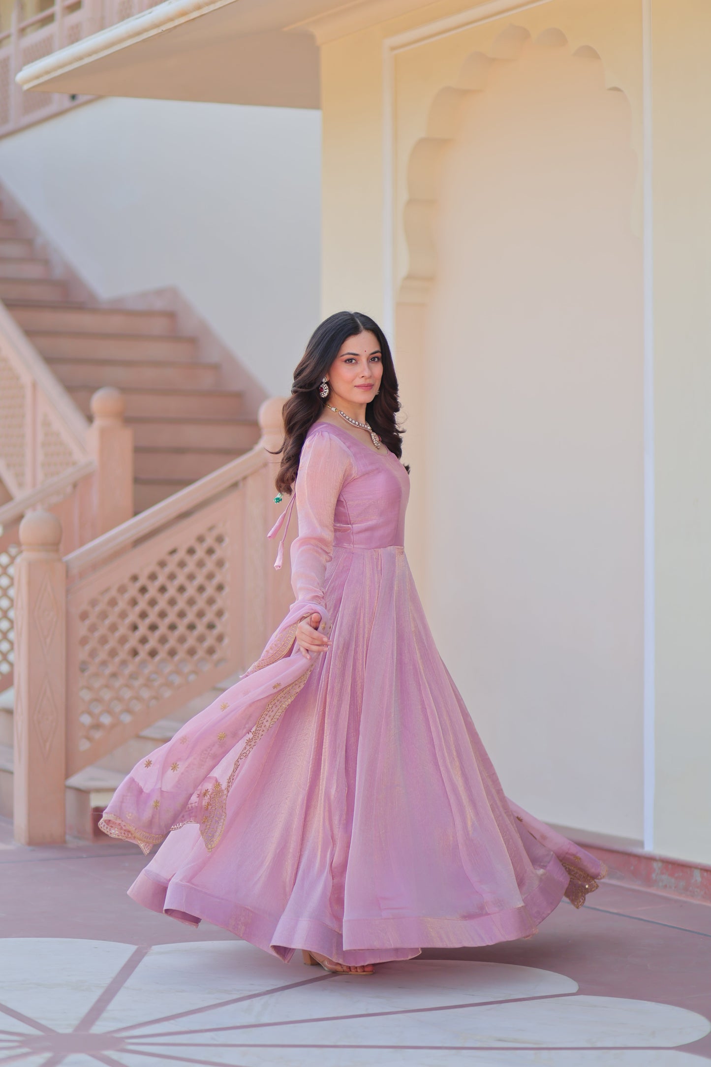 Pink Chiffon Long Gown With Dupatta