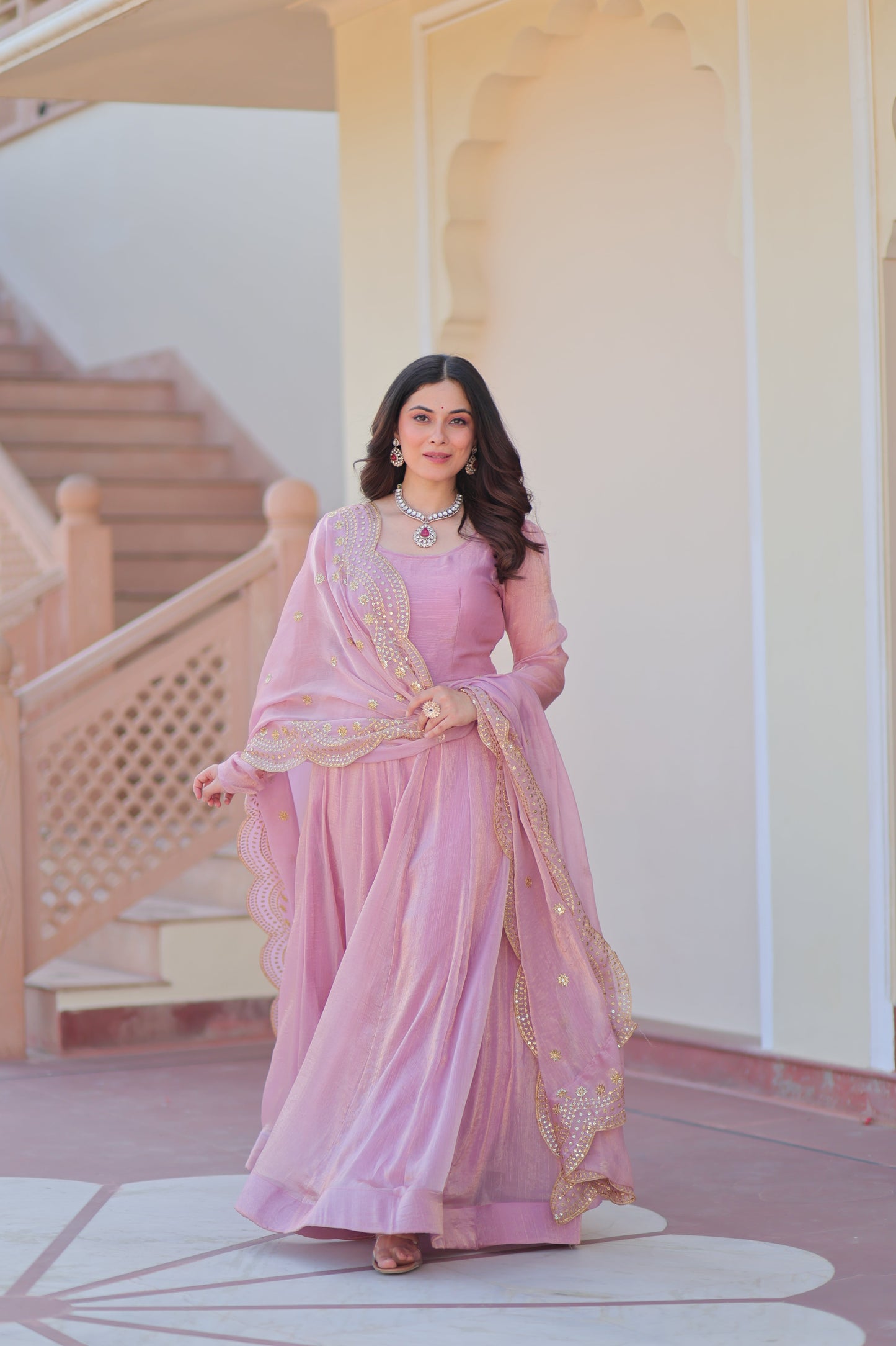 Pink Chiffon Long Gown With Dupatta