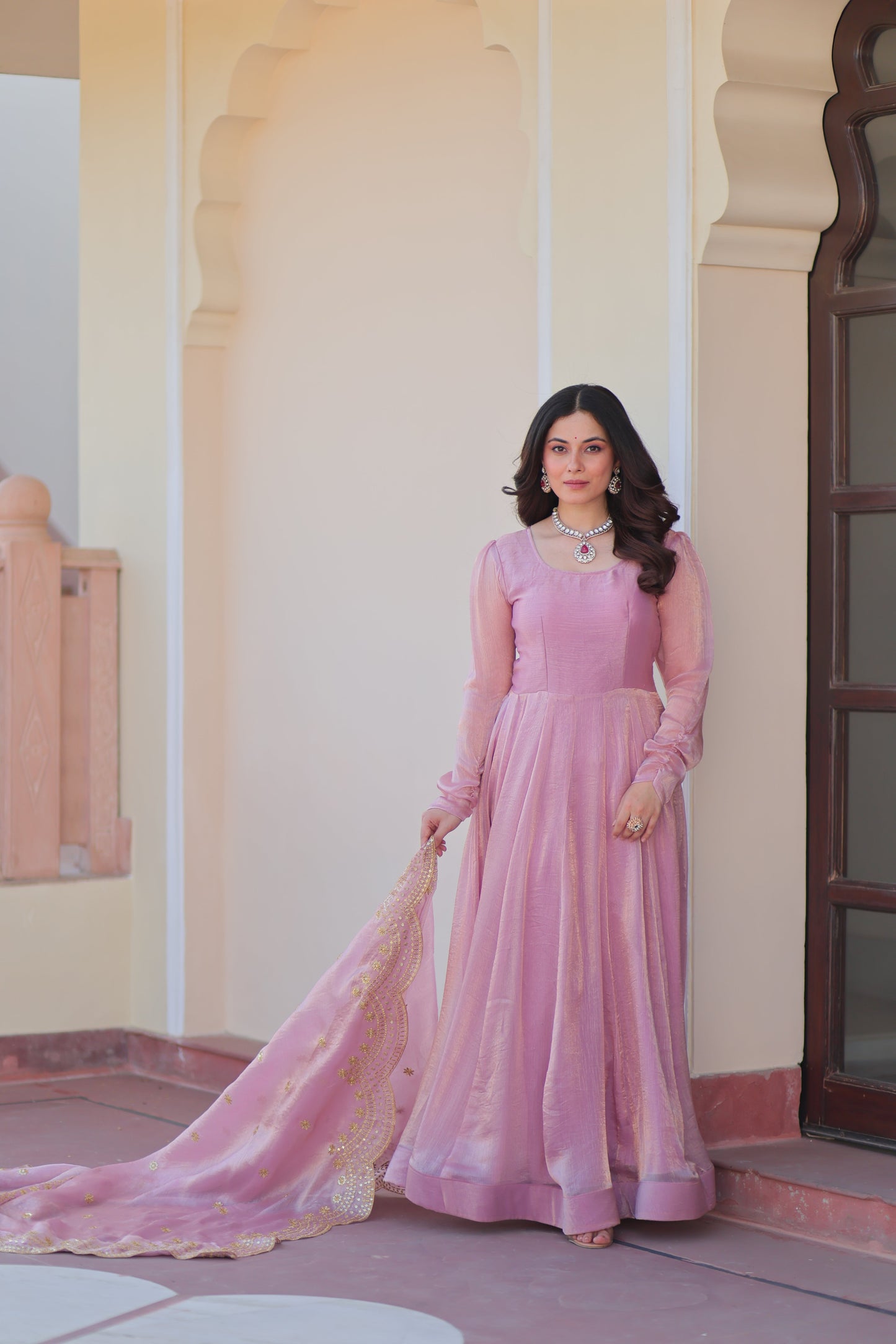 Pink Chiffon Long Gown With Dupatta