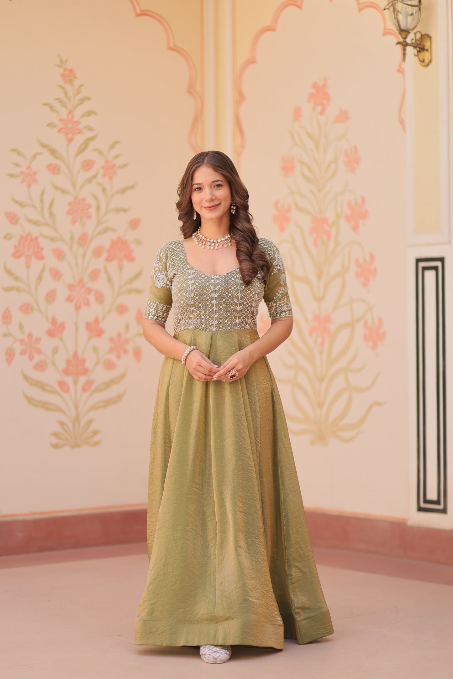 Mehndi Color Fendi Embroidered work Gown