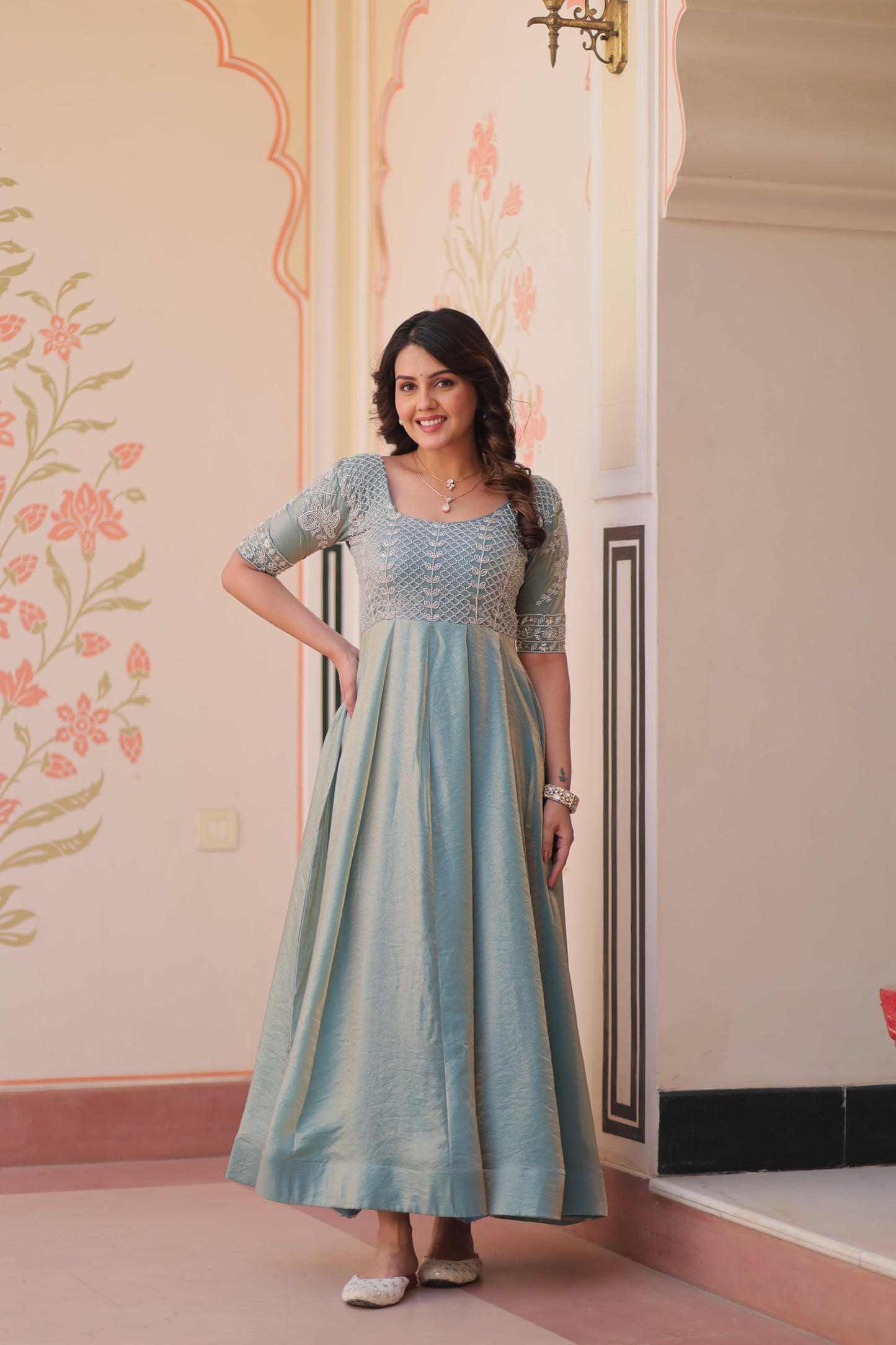 Sky Blue Color Fendi Embroidered work Gown