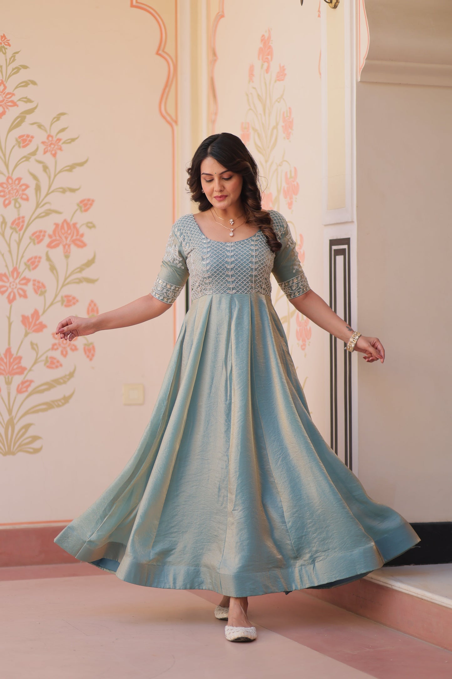 Sky Blue Color Fendi Embroidered work Gown