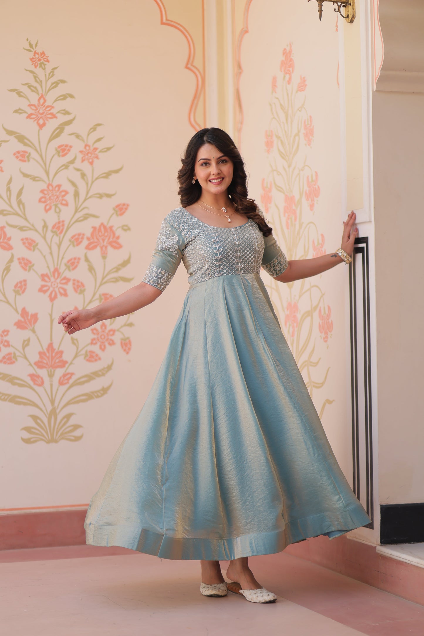 Sky Blue Color Fendi Embroidered work Gown