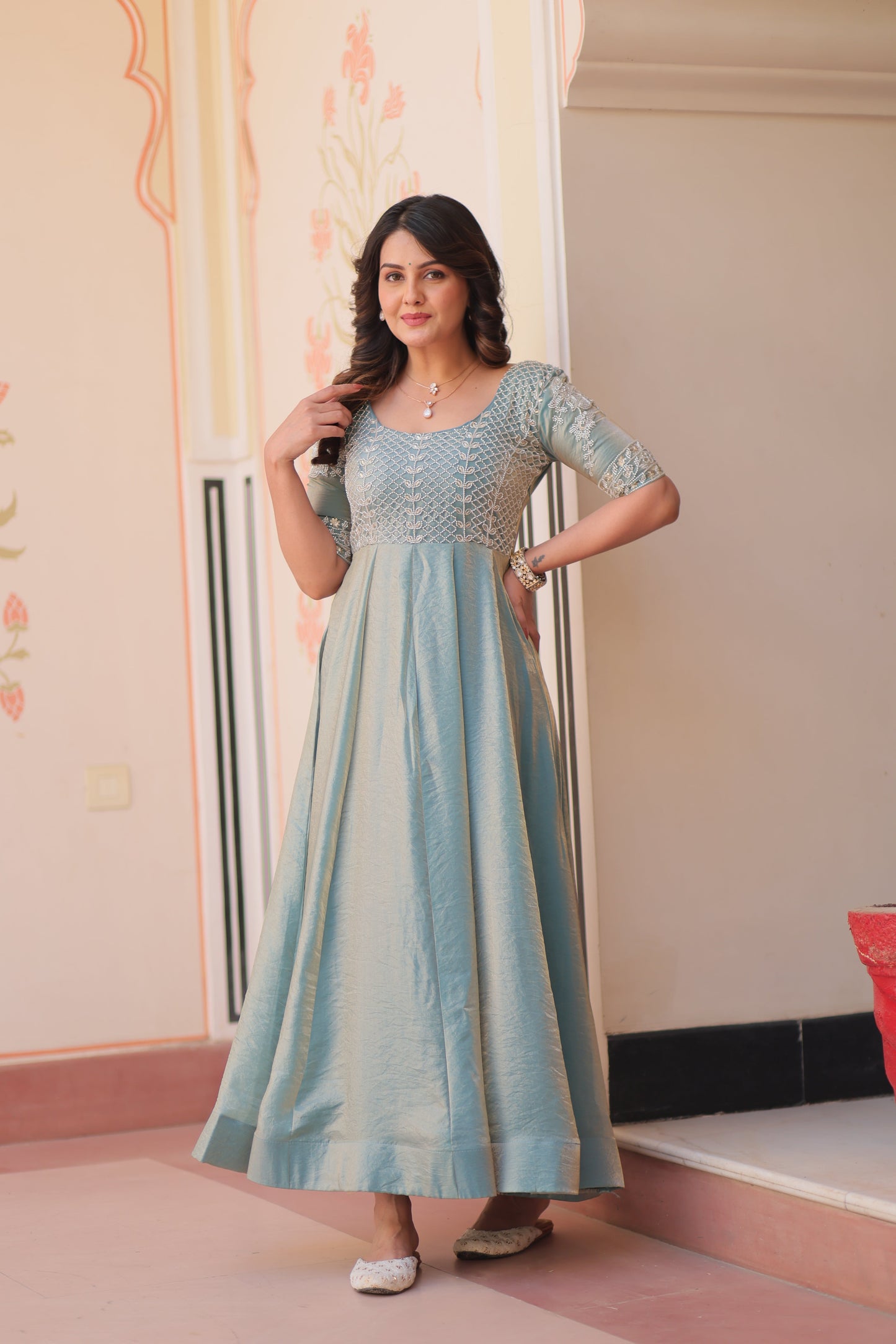 Sky Blue Color Fendi Embroidered work Gown