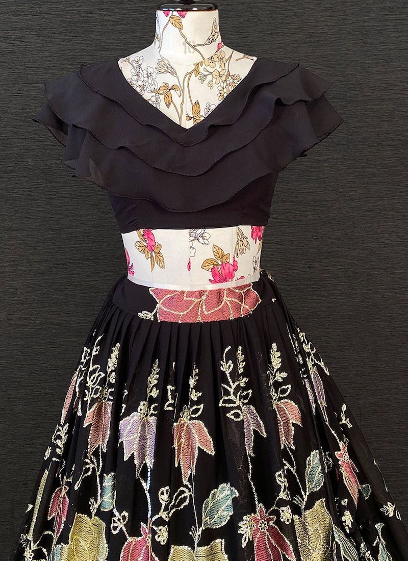 Stylish Black Sequins Georgette Party Wear Crop Top Lehenga