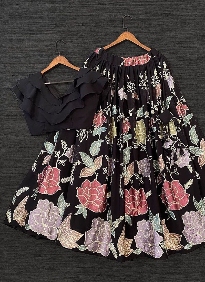 Stylish Black Sequins Georgette Party Wear Crop Top Lehenga