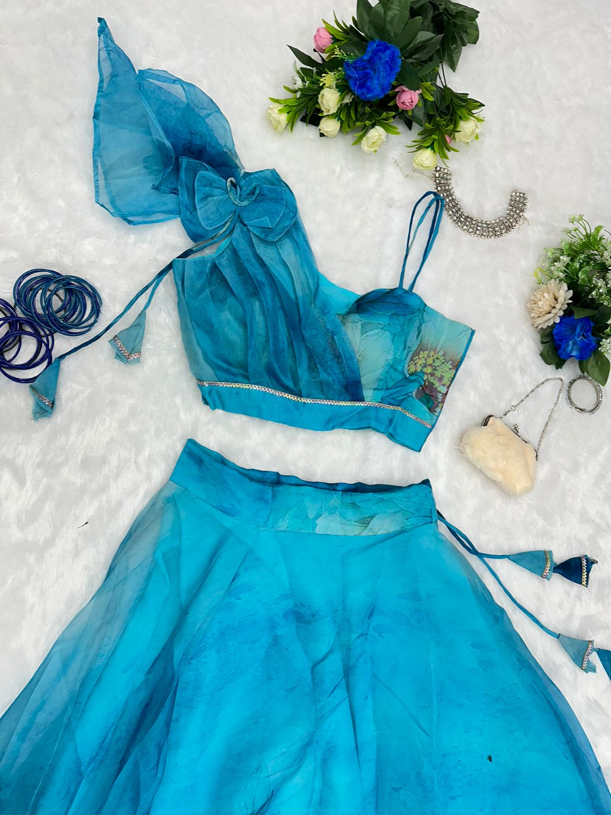 Fancy Pattern Sky Blue Color Printrd Organza Lehenga Choli