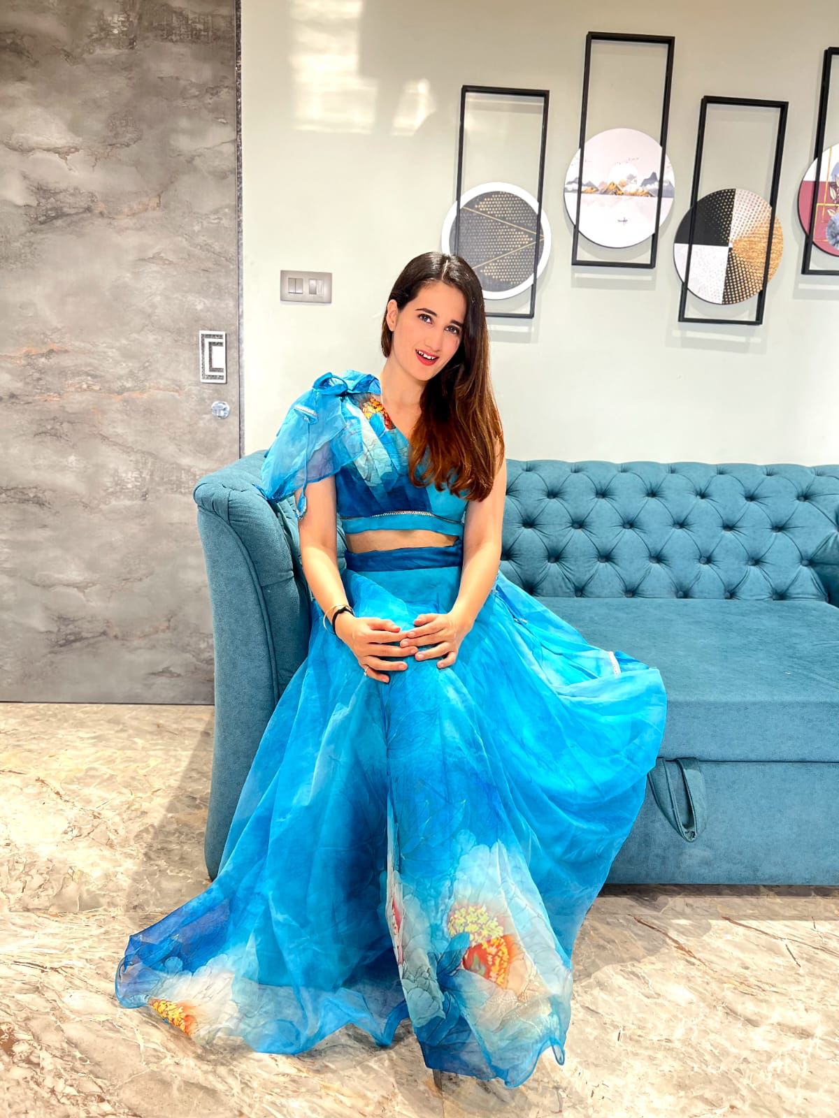 Fancy Pattern Sky Blue Color Printrd Organza Lehenga Choli