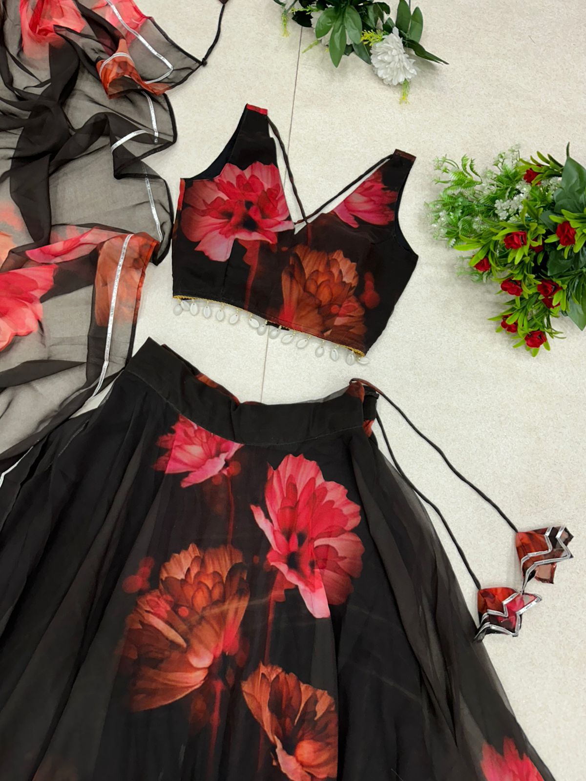 Red Digital Printed Black Color Pretty Lehenga Choli