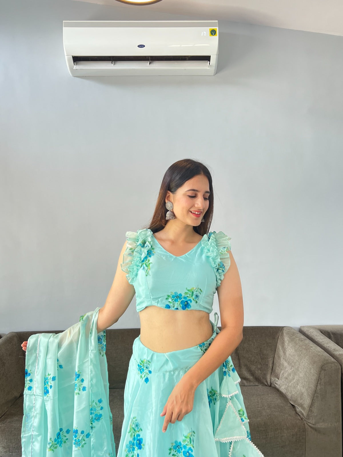 Wonderful Aqua Green Color Organza Silk Lehenga Choli