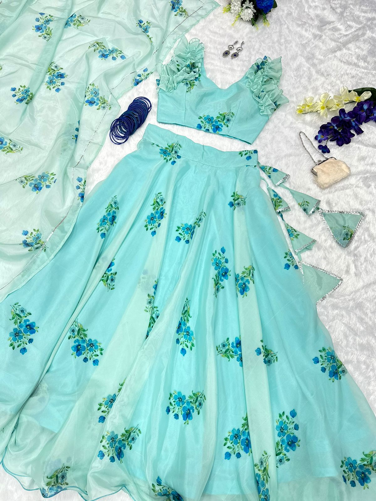 Mesmerizing Aqua Green Color Organza Silk Lehenga Choli