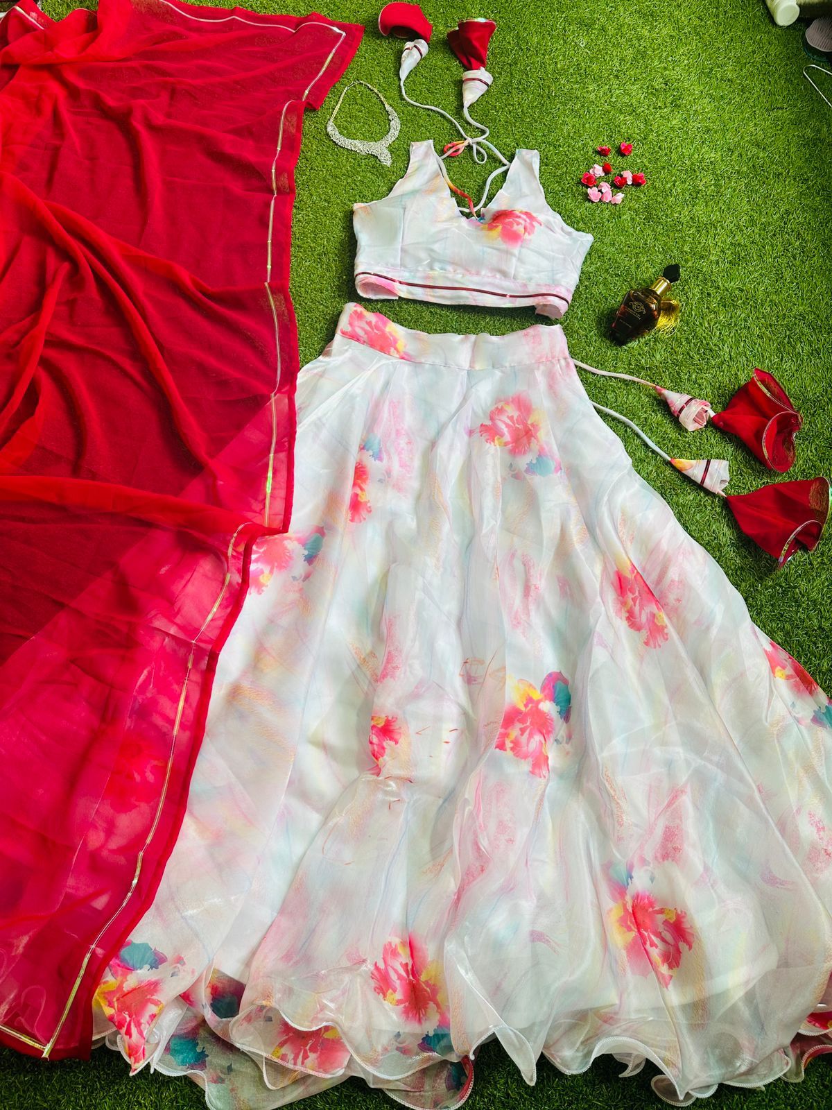 White Color Organza Lehenga Choli With Red Dupatta