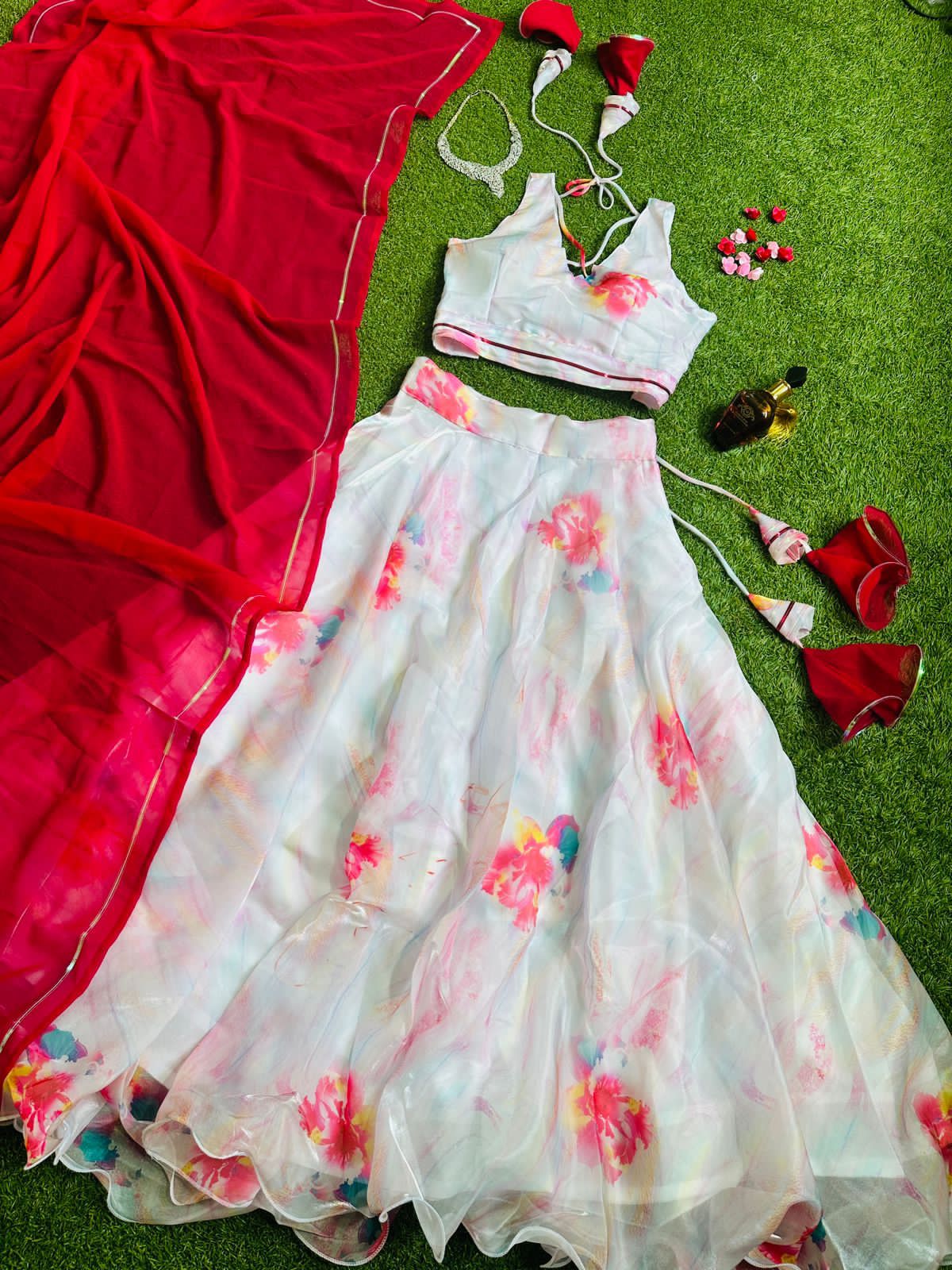 White Color Organza Lehenga Choli With Red Dupatta