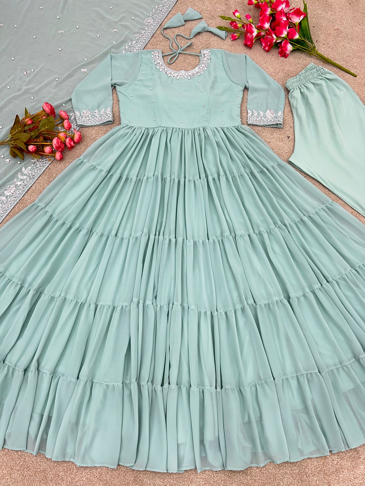 Trendy Pista Green Color Ruffle Style Anarkali Gown