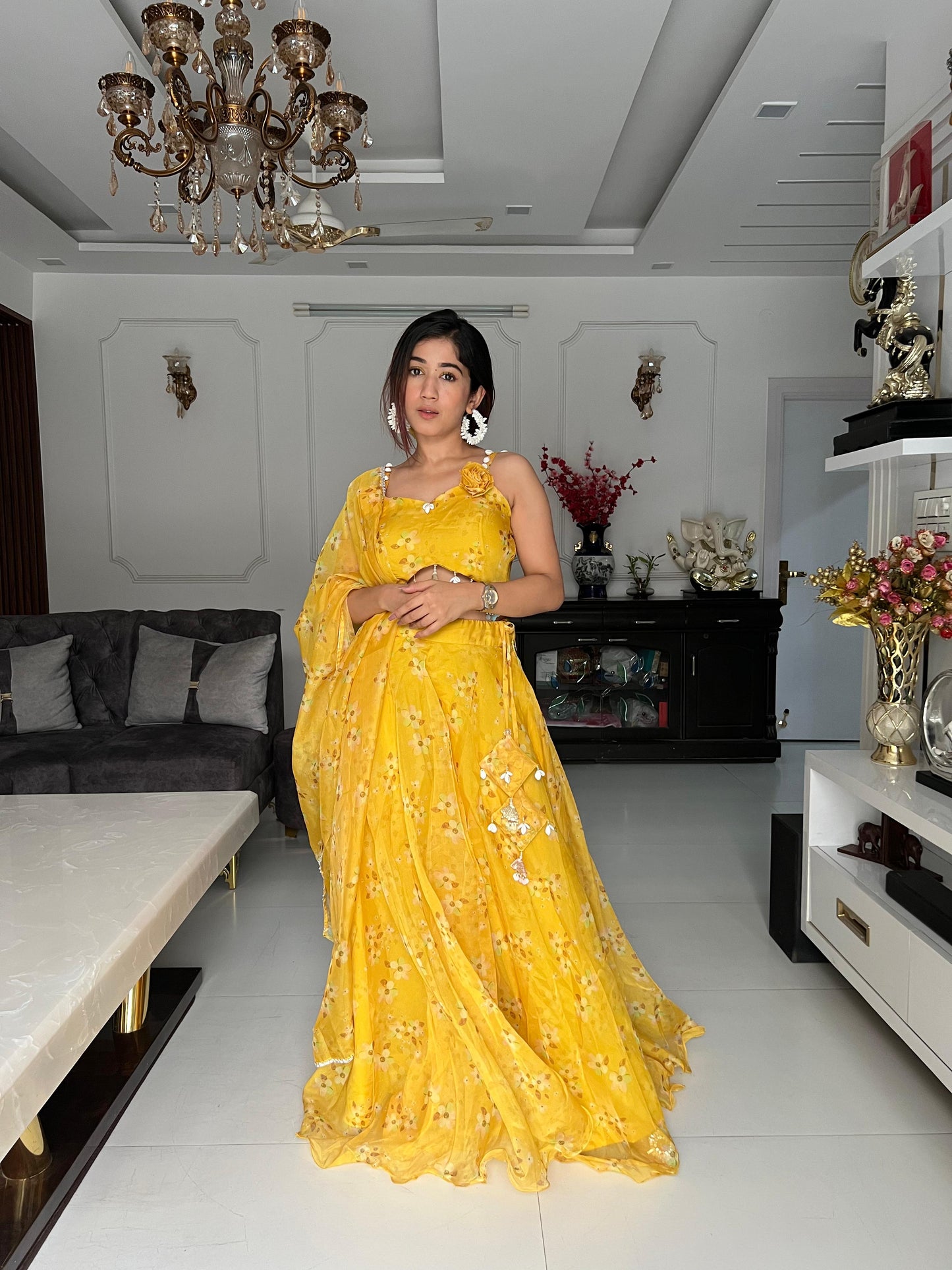 Glimmering Haldi wear Yellow Color Jimmy Organza Lehenga Choli