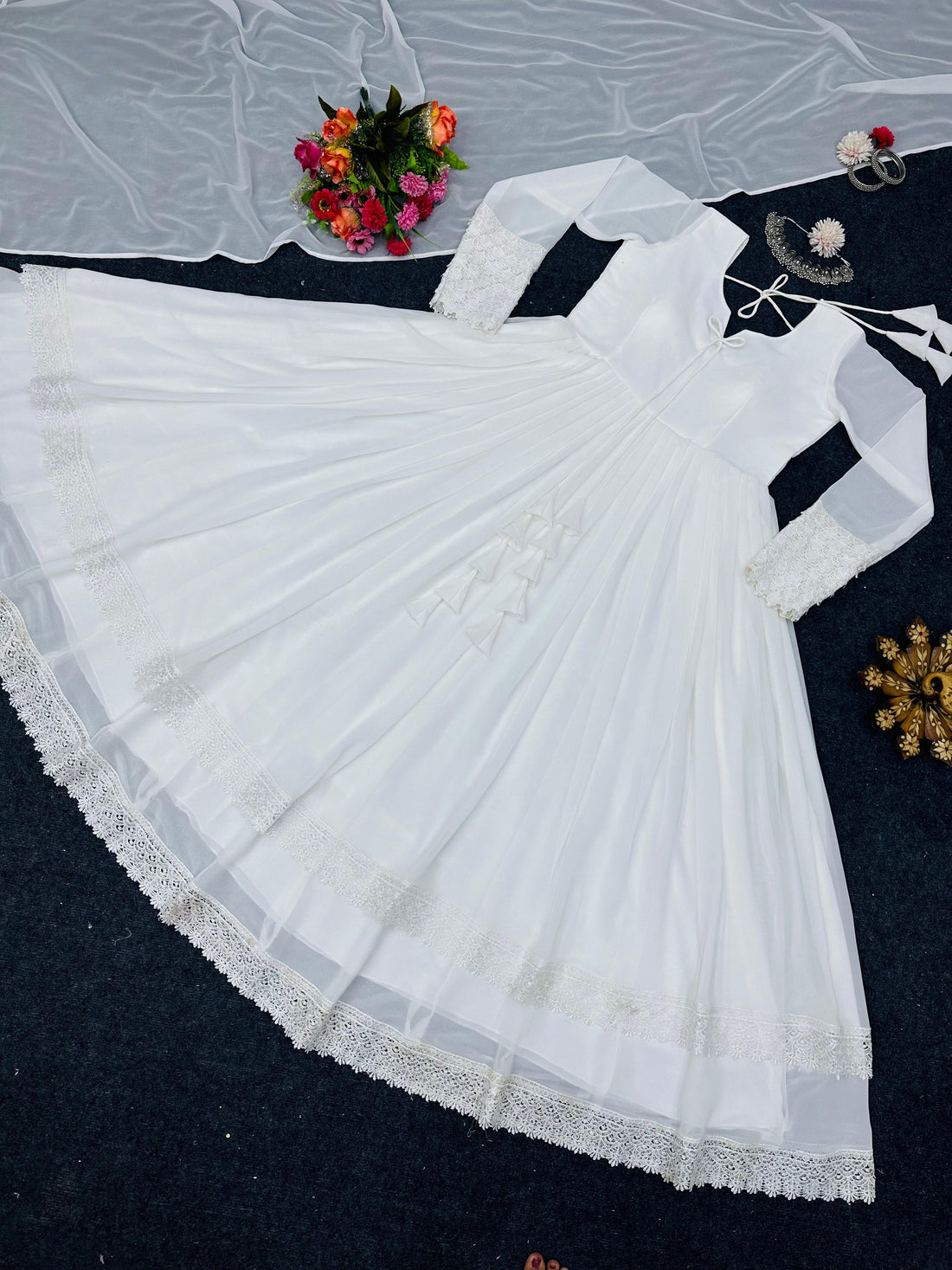 White Long Flair Double Layered Anarkali With Dupatta