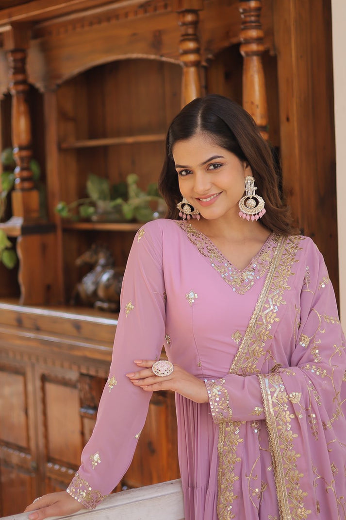 Ruffle Flair Embroidered Work Lavender Gown With Dupatta