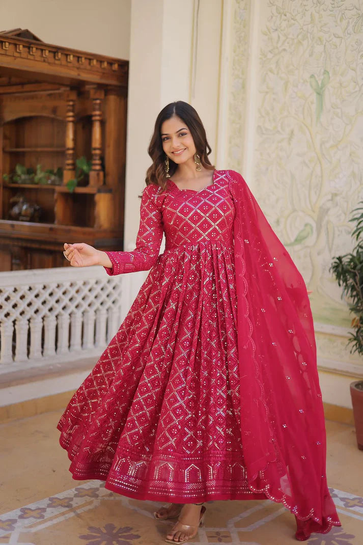 Attractive Pink Color Heavy Embroidered Work Gown With Dupatta