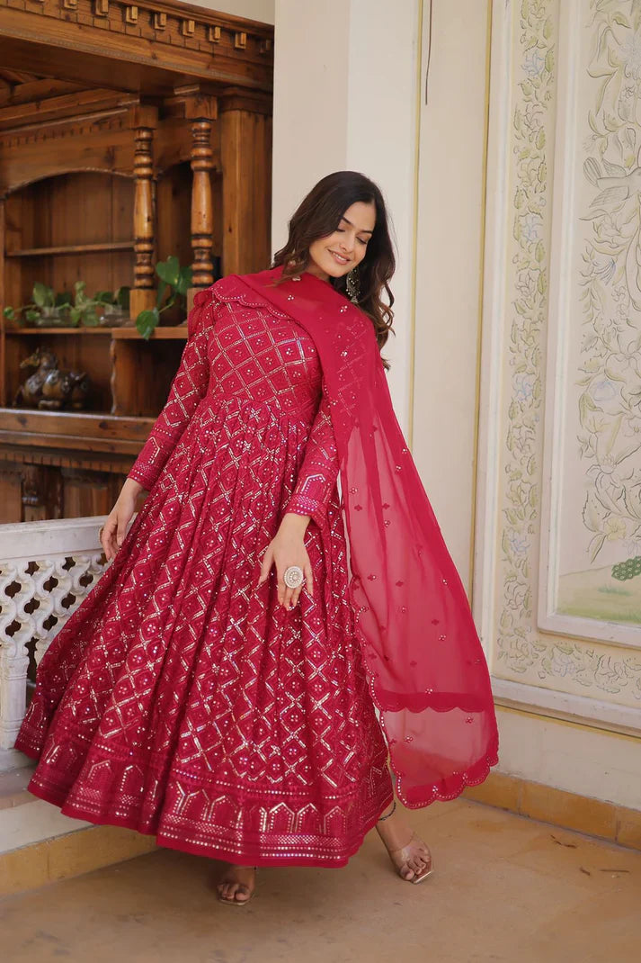 Attractive Pink Color Heavy Embroidered Work Gown With Dupatta