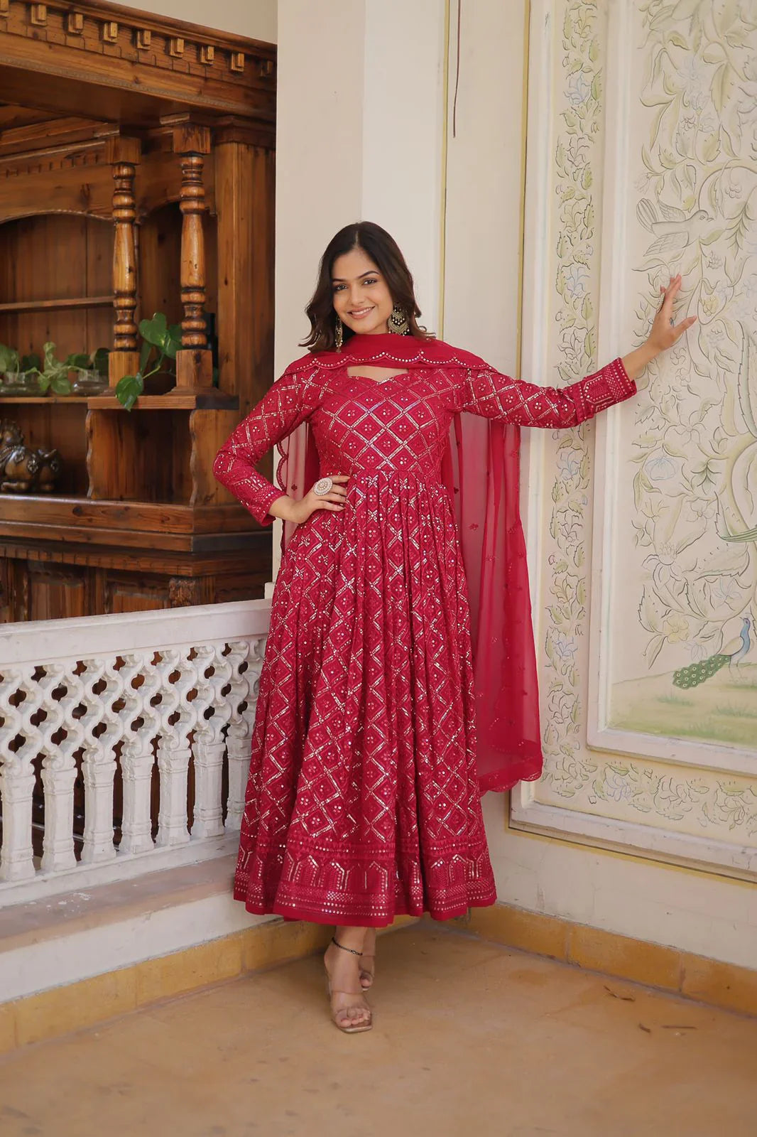 Attractive Pink Color Heavy Embroidered Work Gown With Dupatta