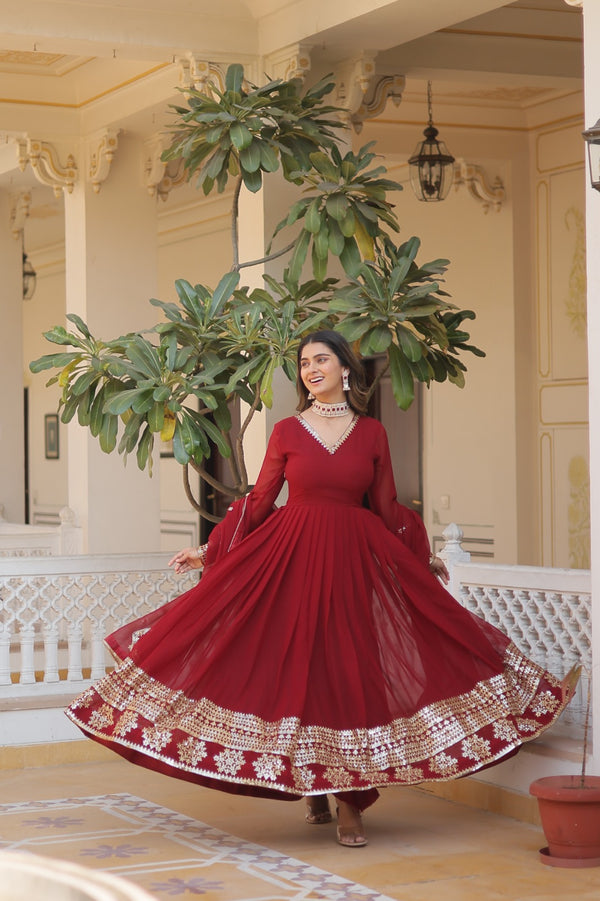 Maroon Embroidery Multi Sequence Work Gorgeous Gown