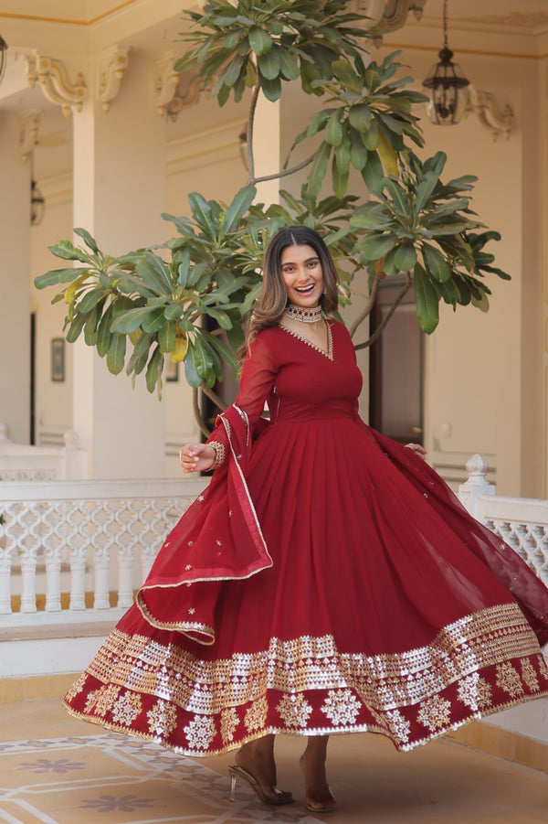 Maroon Embroidery Multi Sequence Work Gorgeous Gown