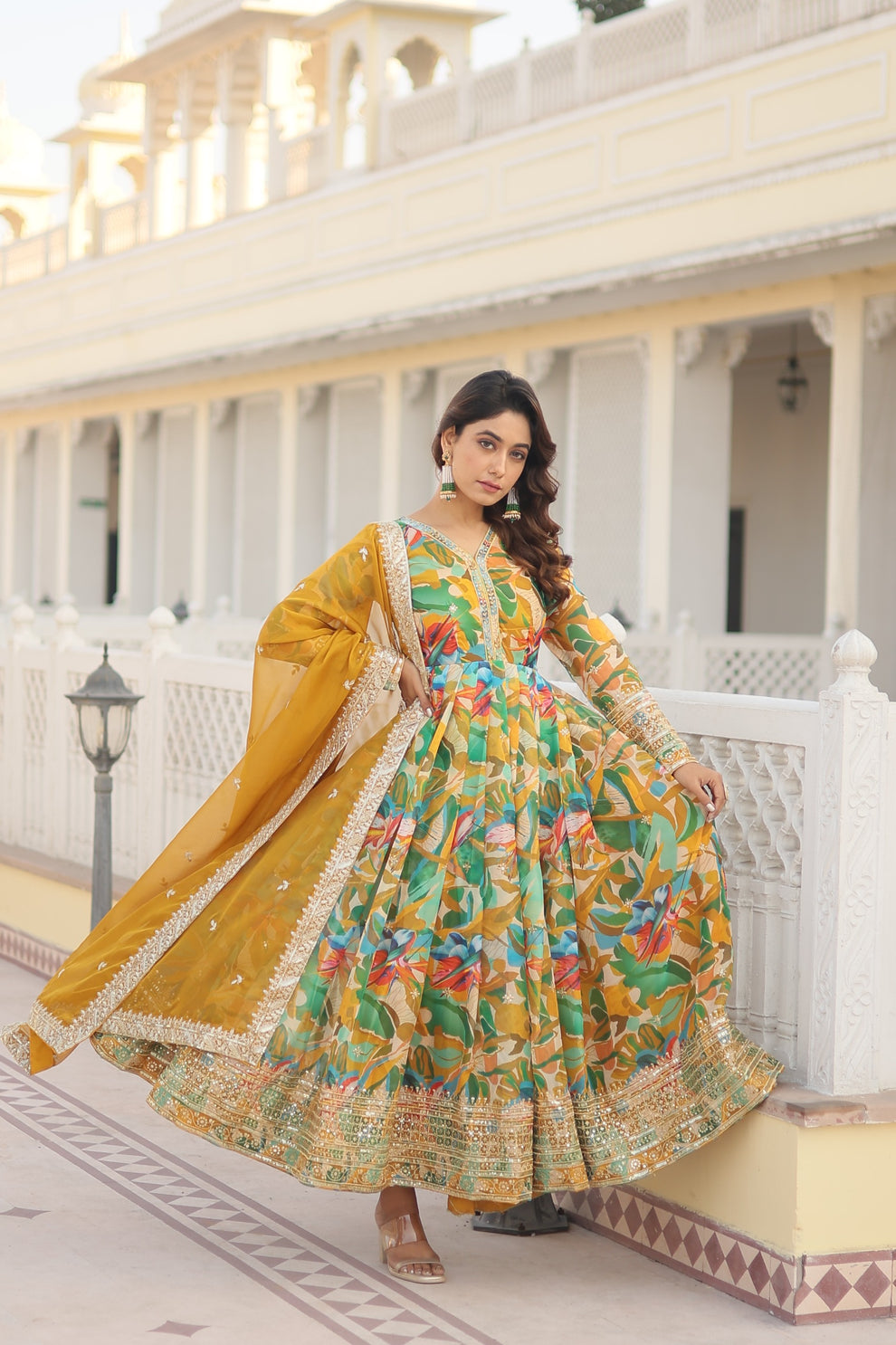 Eyes Catching Multi Digital Printed Yellow Anarkali Gown