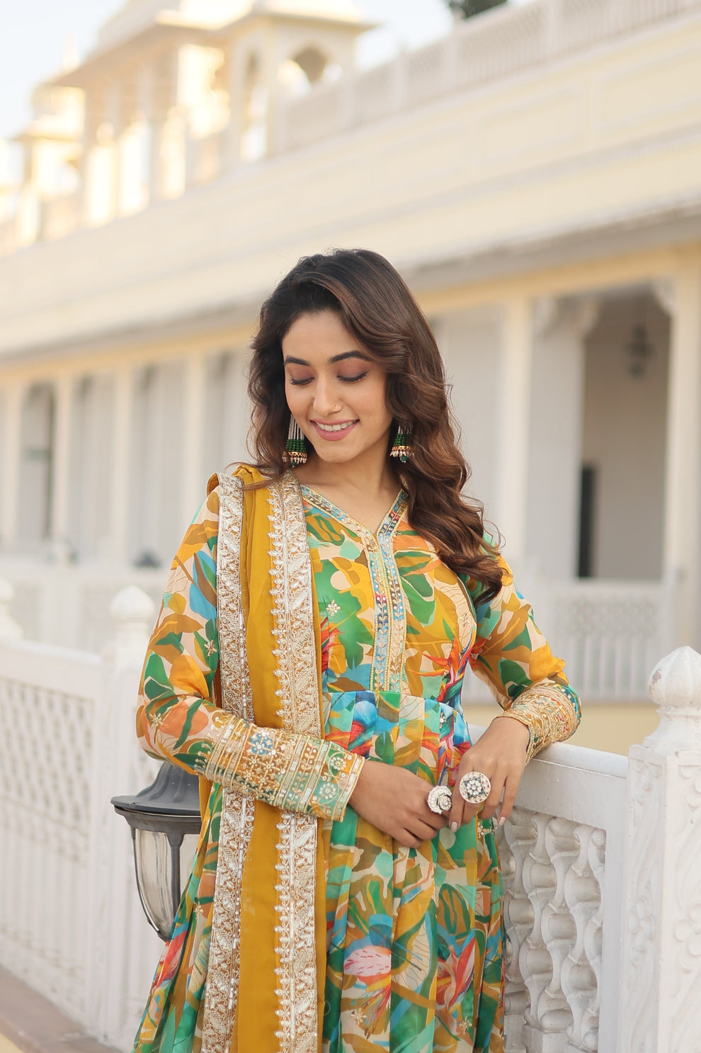 Eyes Catching Multi Digital Printed Yellow Anarkali Gown