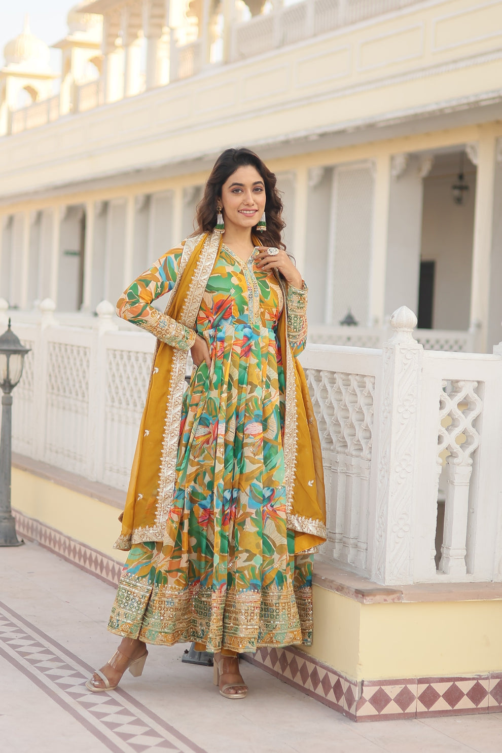 Eyes Catching Multi Digital Printed Yellow Anarkali Gown