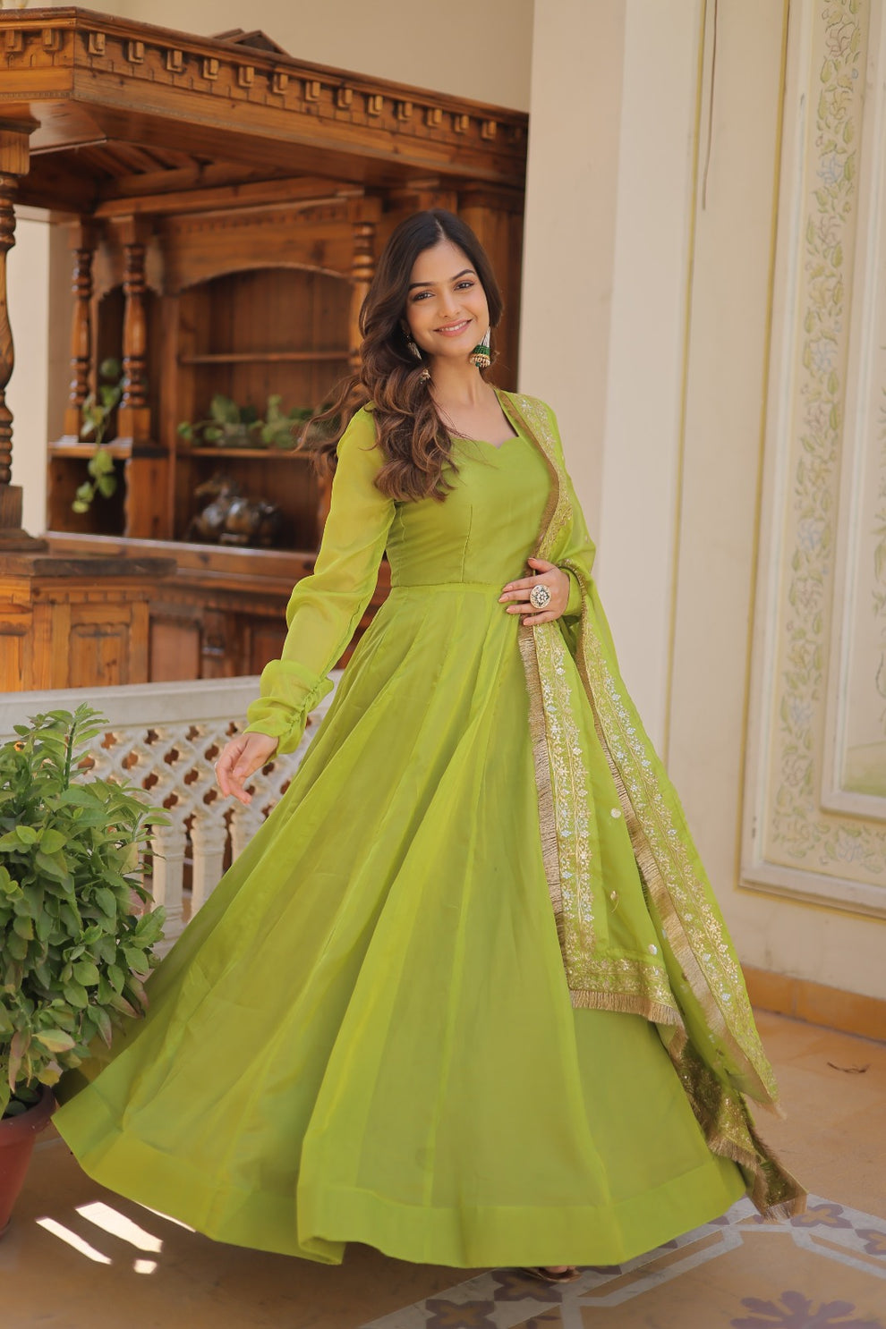 Kali Pattern Parrot Green Color Gown With Embroidered Work Dupatta