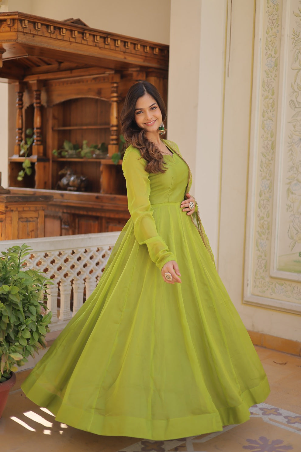 Kali Pattern Parrot Green Color Gown With Embroidered Work Dupatta