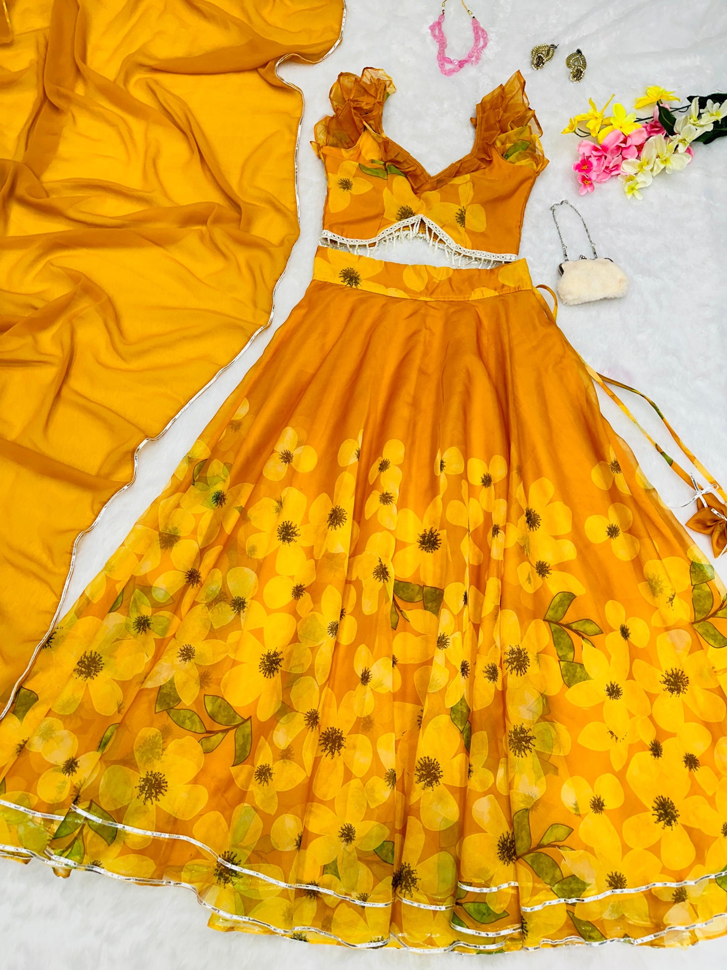Yellow Organza Silk Flower Printed Lehenga Choli