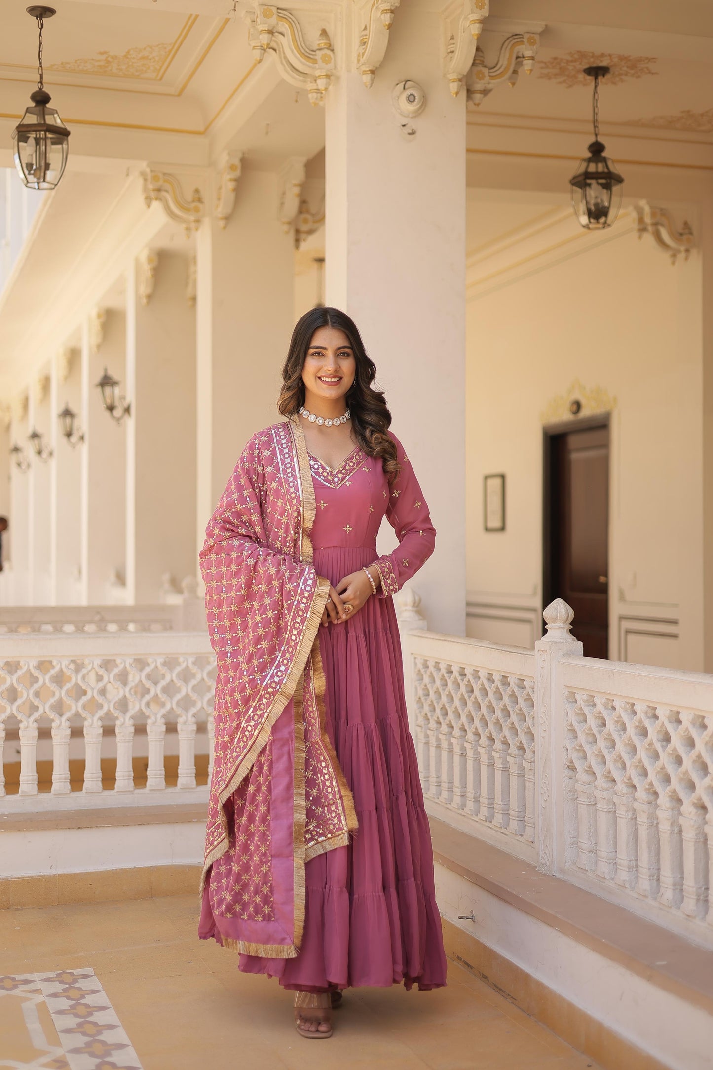 Festive Wear Attractive Sequins Onion Color Five Layer Anarkali Gown With Dupatta