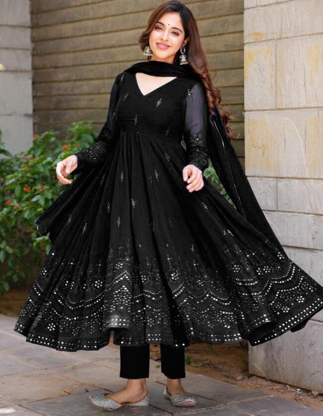 Glimmering Blue Color Sequence Thread Work Anarkali Gown