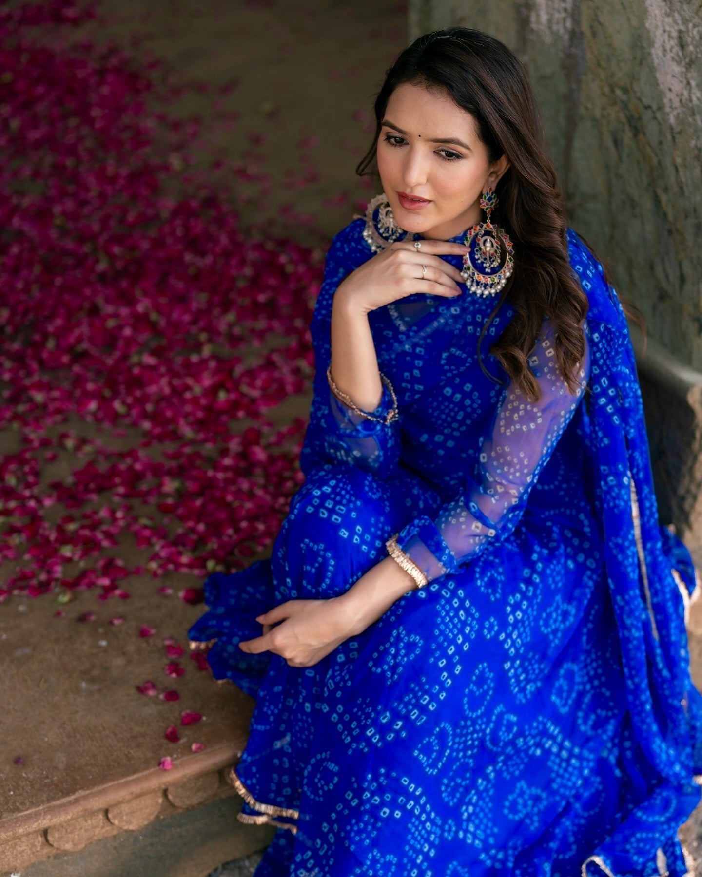 Digital Print Blue Colour organza silk Anarkali Suit Set with huge flair