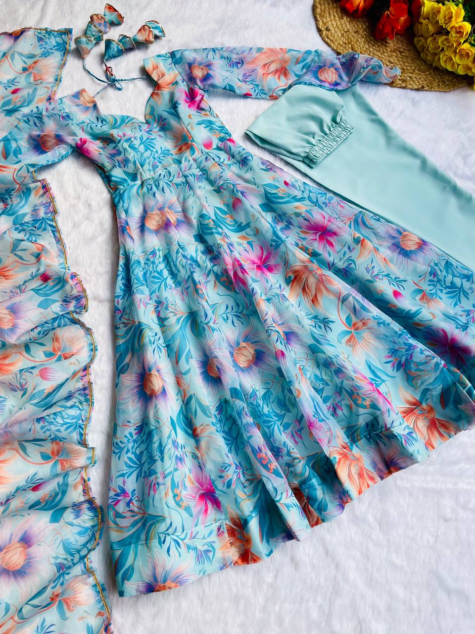 Gown Febrics Organza Taby Silk Heavy Quality Fabric With Digital Print And Full Sleeve