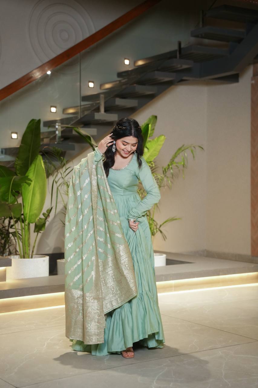 Gorgeous Pista Green Anarkali Gown With Banarasi Silk Dupatta