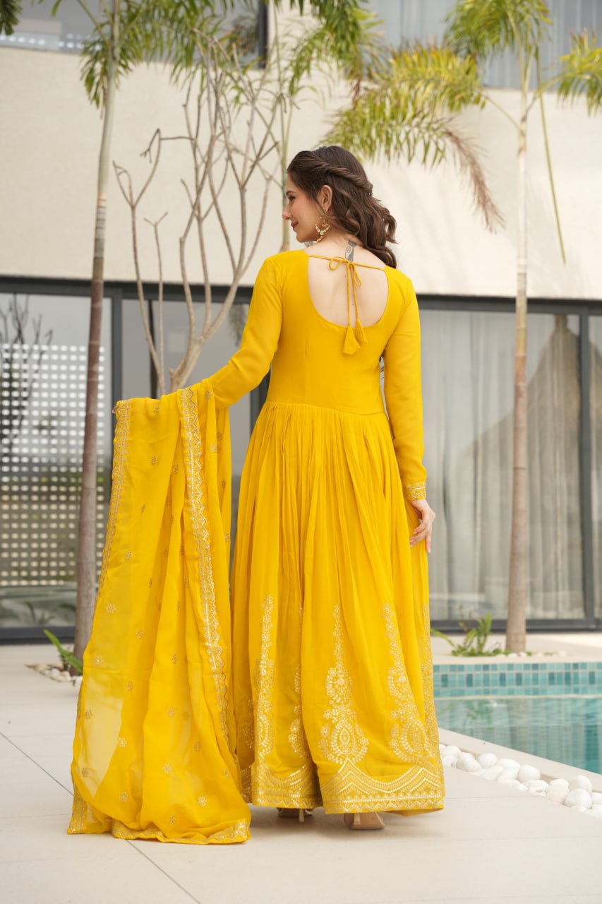 Yellow Color Faux Blooming Embroidered Gown