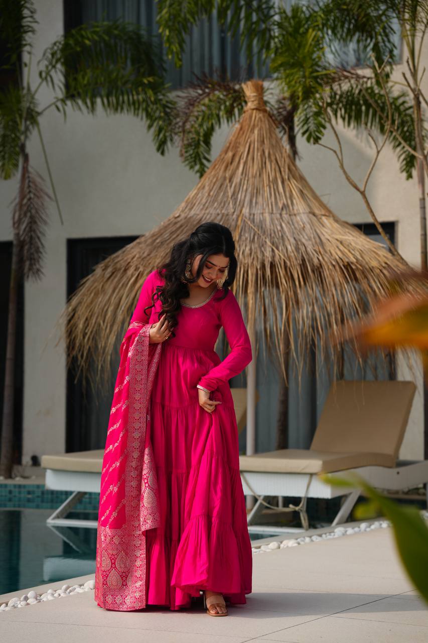 Charming Hot Pink Anarkali Suit With Banarsi Silk Dupatta
