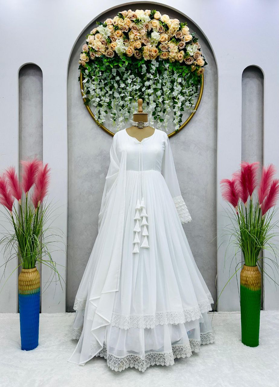 Glorious White Color Lace Work Lovely Long Gown