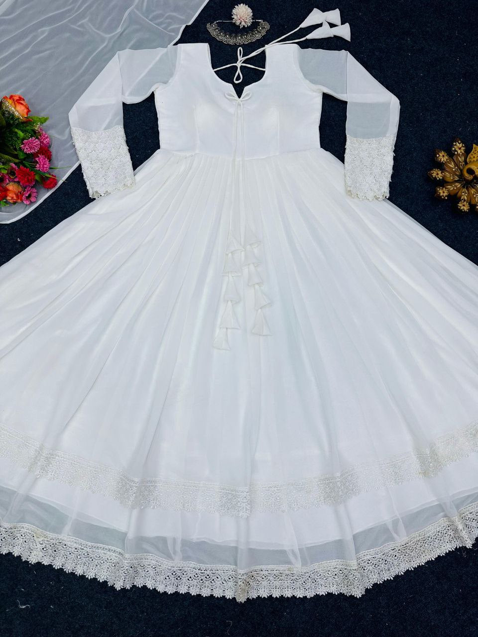 Glorious White Color Lace Work Lovely Long Gown