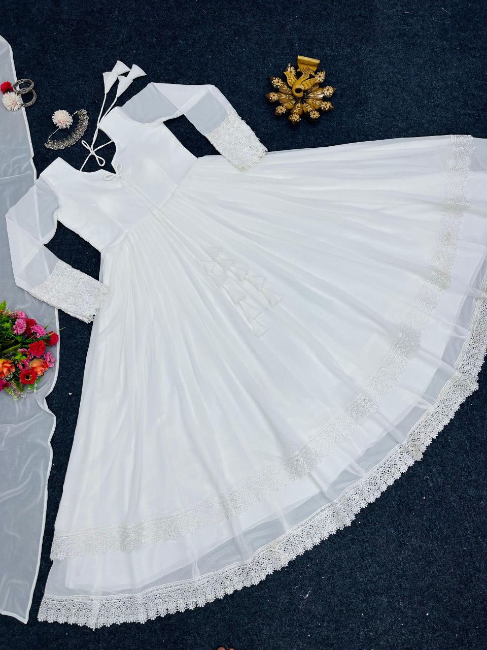 Glorious White Color Lace Work Lovely Long Gown