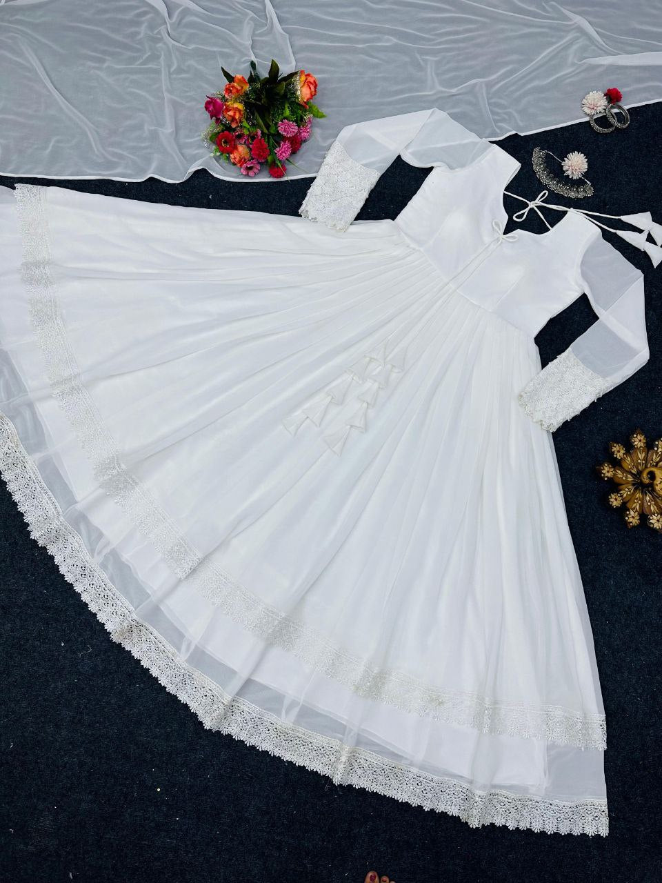 Glorious White Color Lace Work Lovely Long Gown