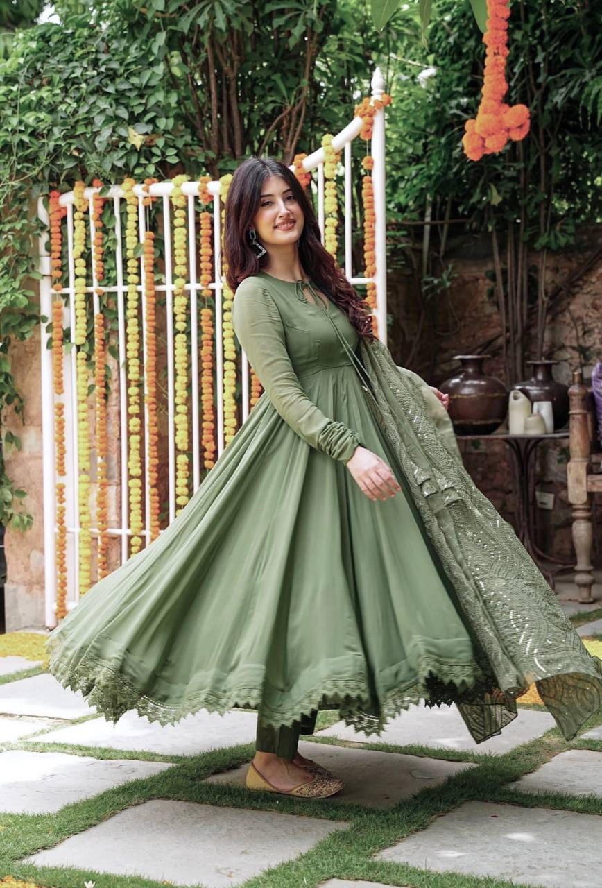 Ceremony Wear Mehndi Color Gown With Work Dupatta